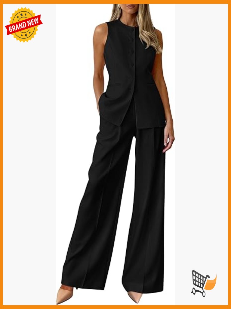 Sleeveless Blazer Vest & Wide Leg Pants Suit Set Work Office Business Casual